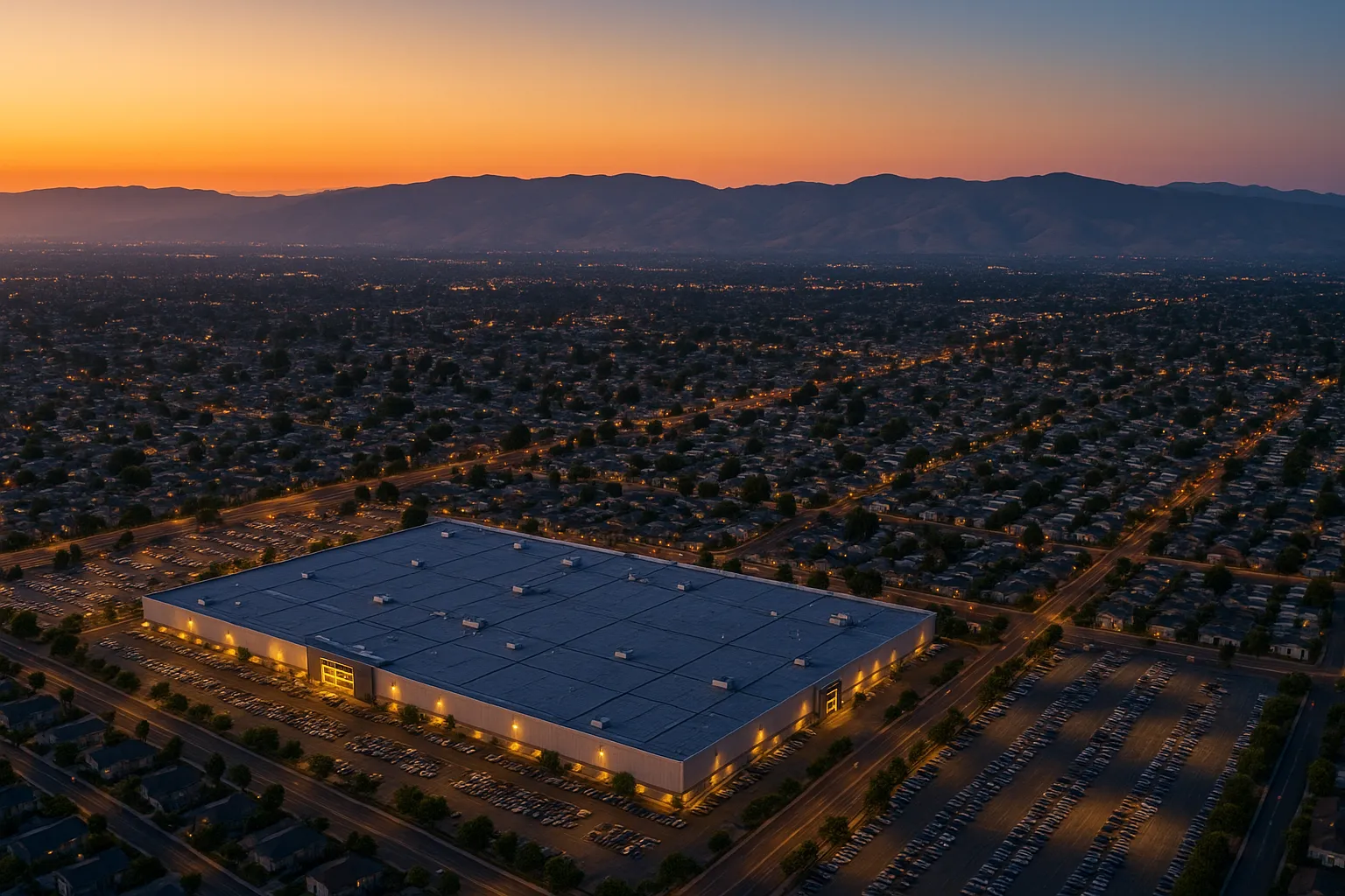 Landscape aerial at dusk of Milpitas showcasing the Great Mall’s expansive rooftop lit by floodlights in the foreground, a grid of residential streets stretching toward distant Diablo Range foothills, and a soft gradient twilight sky overhead.